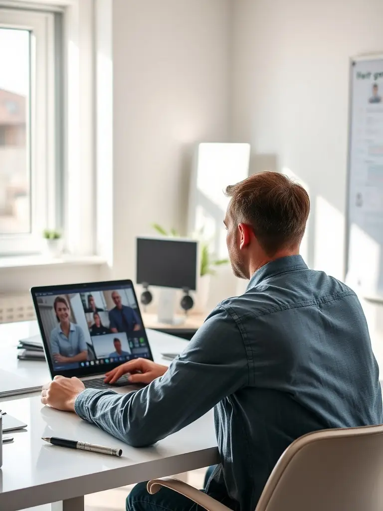 A business professional in a modern office in Montreal, Quebec, working on a laptop and participating in a video conference. The office environment is dynamic and collaborative.