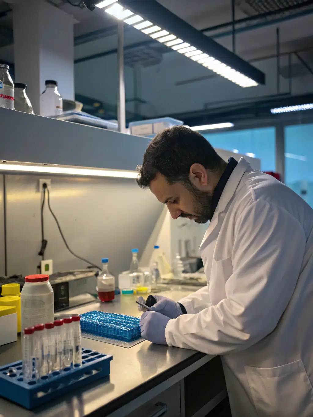 A researcher in a high-tech laboratory in Quebec, working with advanced equipment. The researcher is focused and engaged in their work, surrounded by scientific instruments.